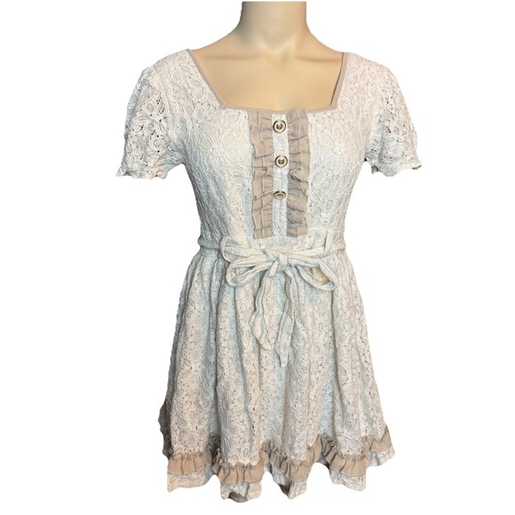 Axes Femme Dresses & Skirts - Axes Femme Cream Lace Dress – Layered Hem, square Neck Tie Waist Mori Girl